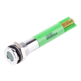1 pcs - RS PRO Green Panel Mount Indicator, 24V dc, 8mm Mounting Hole Size, Faston, Solder Lug Termination, IP67