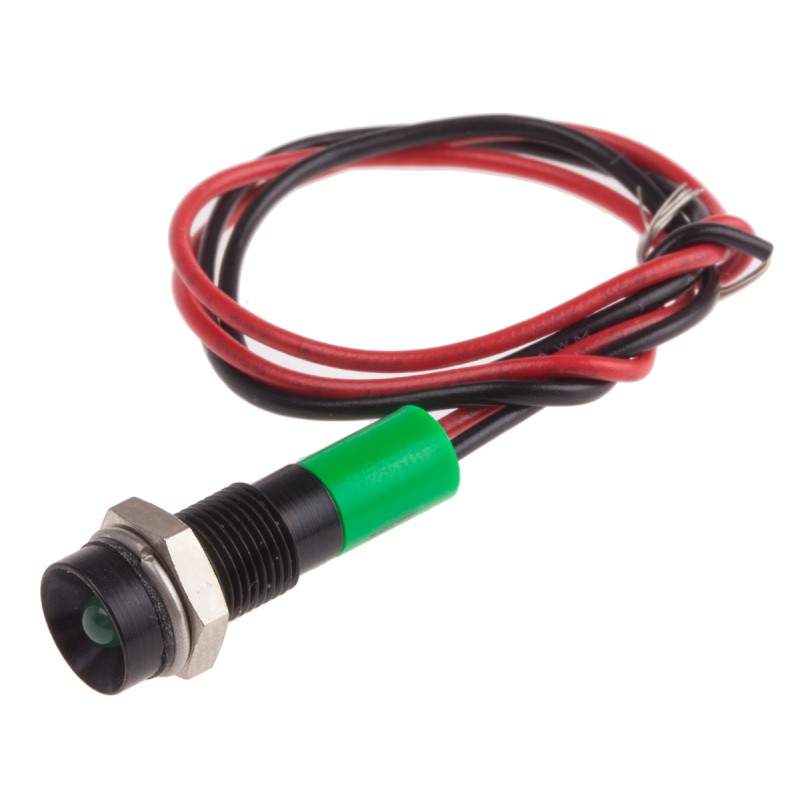 1 pcs - RS PRO Green Panel Mount Indicator, 12V dc, 6mm Mounting Hole Size, Lead Wires Termination, IP67