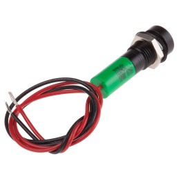 1 pcs - RS PRO Green Panel Mount Indicator, 12V dc, 8mm Mounting Hole Size, Lead Wires Termination, IP67