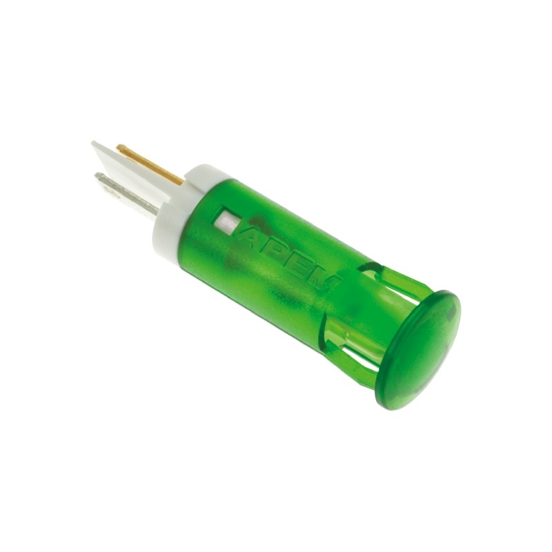 1 pcs - Apem Green Panel Mount Indicator, 220V ac, 10mm Mounting Hole Size, Faston, Solder Lug Termination