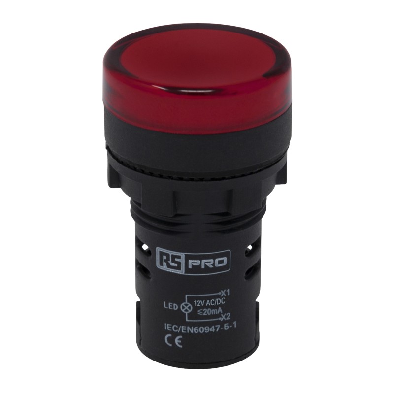 1 pcs - RS PRO, Panel Mount Red LED Pilot Light, 22mm Cutout, IP65, Round, 12V ac/dc