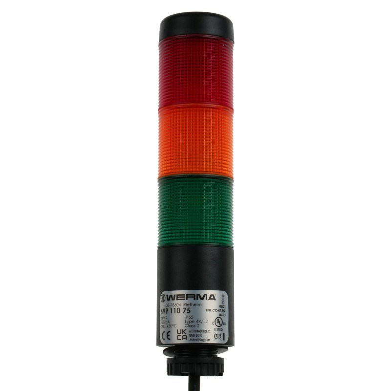 1 pcs - Werma Kompakt 37 Series Red/Green/Yellow Buzzer Signal Tower, 3 Lights, 24 V, Base Mount, Tube