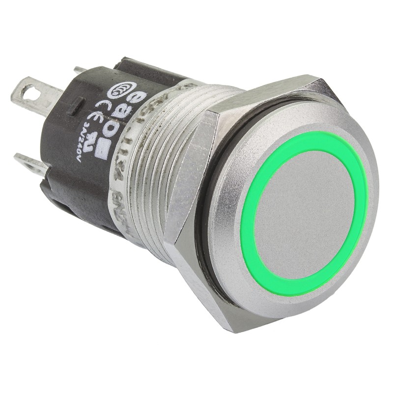 1 pcs - EAO 82 Series Illuminated Push Button Switch, Momentary, Panel Mount, 16mm Cutout, SPDT, Green LED, 12V, IP65, IP67