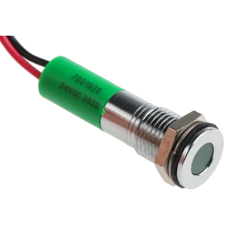 1 pcs - RS PRO Green Panel Mount Indicator, 24V dc, 8mm Mounting Hole Size, Lead Wires Termination, IP67