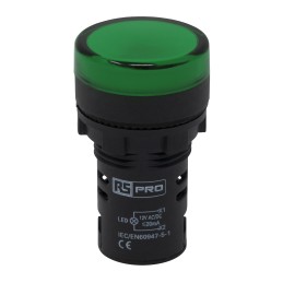 1 pcs - RS PRO, Panel Mount Green LED Pilot Light, 22mm Cutout, IP65, Round, 12V ac/dc