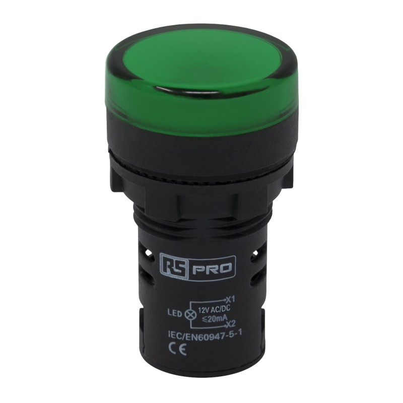 1 pcs - RS PRO, Panel Mount Green LED Pilot Light, 22mm Cutout, IP65, Round, 12V ac/dc