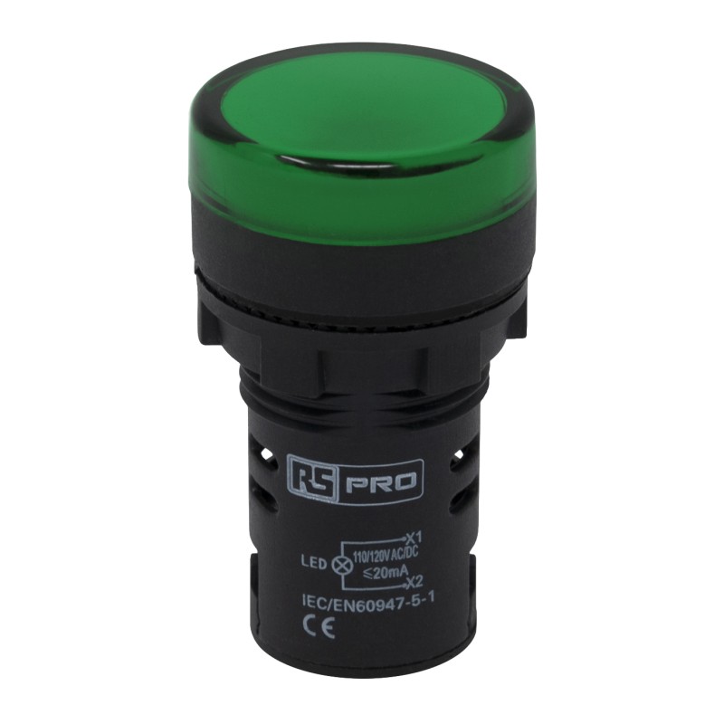 1 pcs - RS PRO, Panel Mount Green LED Pilot Light, 22mm Cutout, IP65, Round, 110V ac