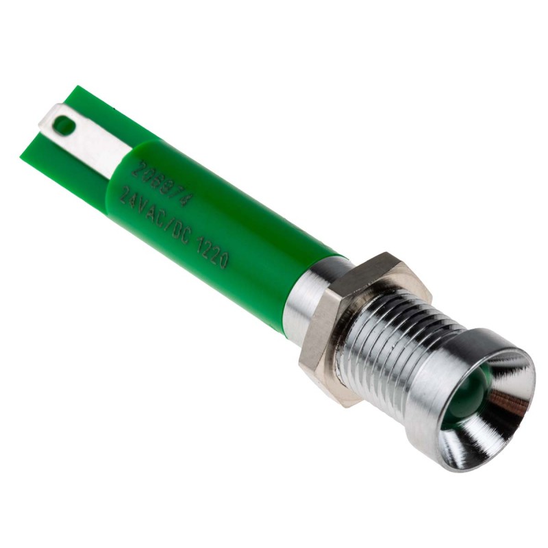 1 pcs - RS PRO Green Panel Mount Indicator, 24V ac, 8mm Mounting Hole Size, Solder Tab Termination
