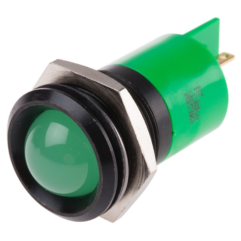 1 pcs - RS PRO Green Panel Mount Indicator, 12V dc, 22mm Mounting Hole Size, Solder Tab Termination