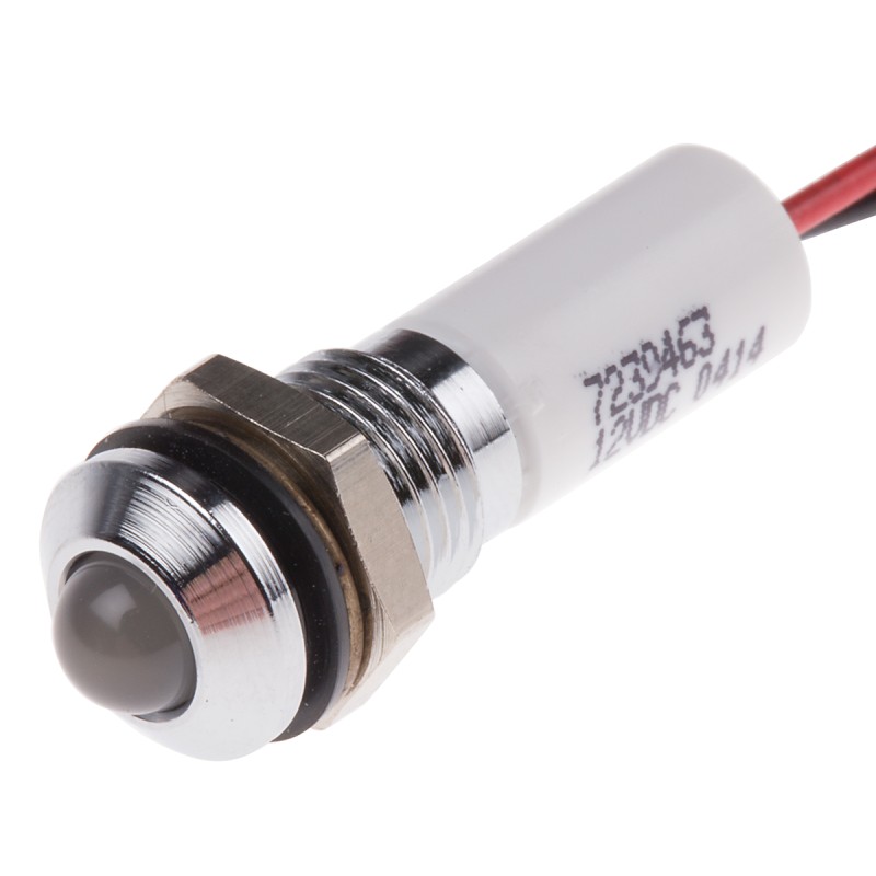 1 pcs - RS PRO White Panel Mount Indicator, 12V dc, 8mm Mounting Hole Size, Lead Wires Termination, IP67