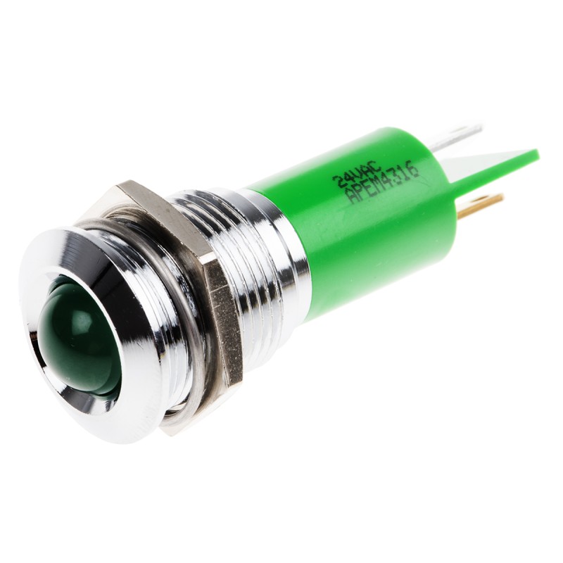 1 pcs - RS PRO Green Panel Mount Indicator, 16mm Mounting Hole Size, Solder Tab Termination