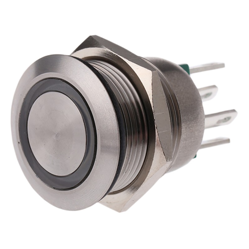 1 pcs - Bulgin MPI002 Series Illuminated Push Button Switch, Momentary, Panel Mount, 19.2mm Cutout, SPST, Green LED, 24V dc,