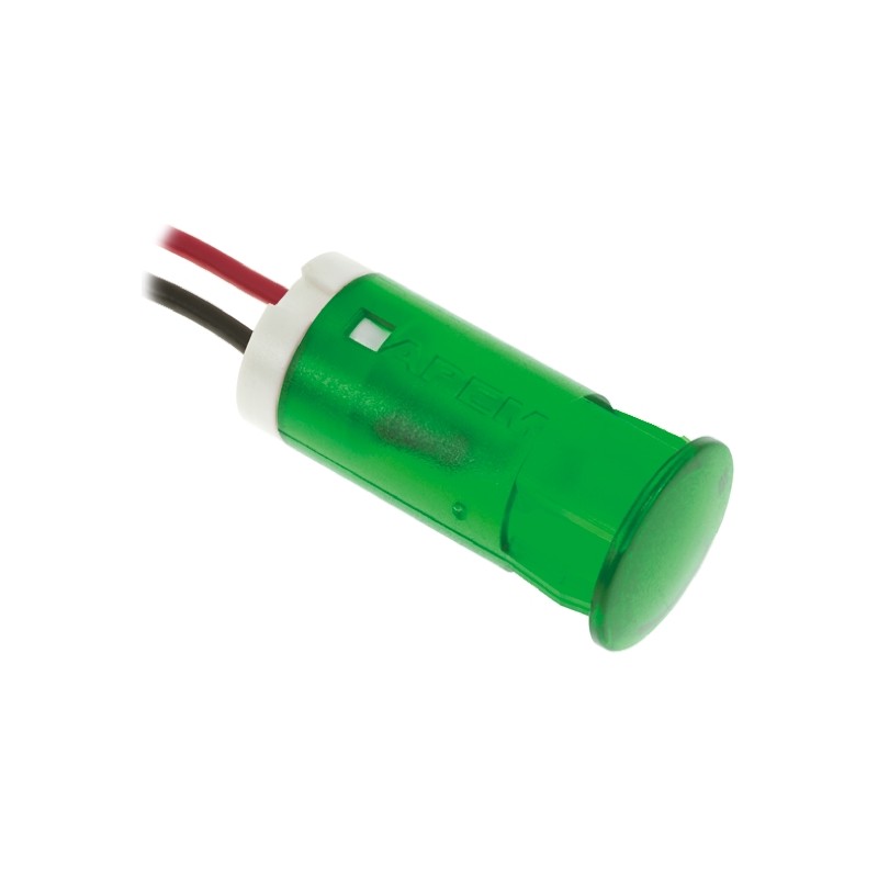 1 pcs - Apem Green Panel Mount Indicator, 12V dc, 12mm Mounting Hole Size, Lead Wires Termination