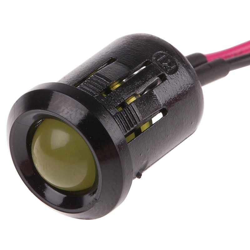 1 pcs - RS PRO Yellow Panel Mount Indicator, 12V dc, 12mm Mounting Hole Size, Lead Wires Termination