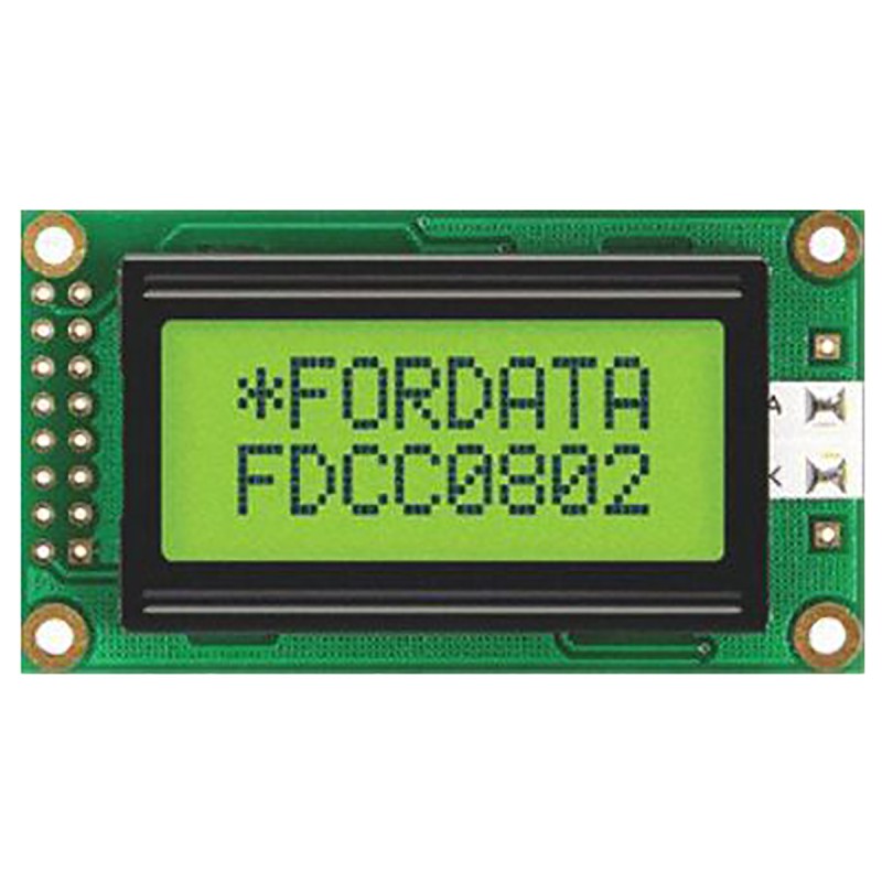 45 pcs - Fordata FC0802B00-FHYYBW-51SE FC Alphanumeric LCD Alphanumeric Display, Green, Yellow on Yellow-Green, 2 Rows by 8