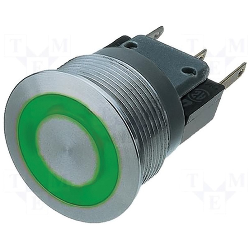 10 pcs - Schurter Illuminated Push Button Switch, Momentary, Panel Mount, 22.3mm Cutout, DPST, Green LED, 30V dc, IP67