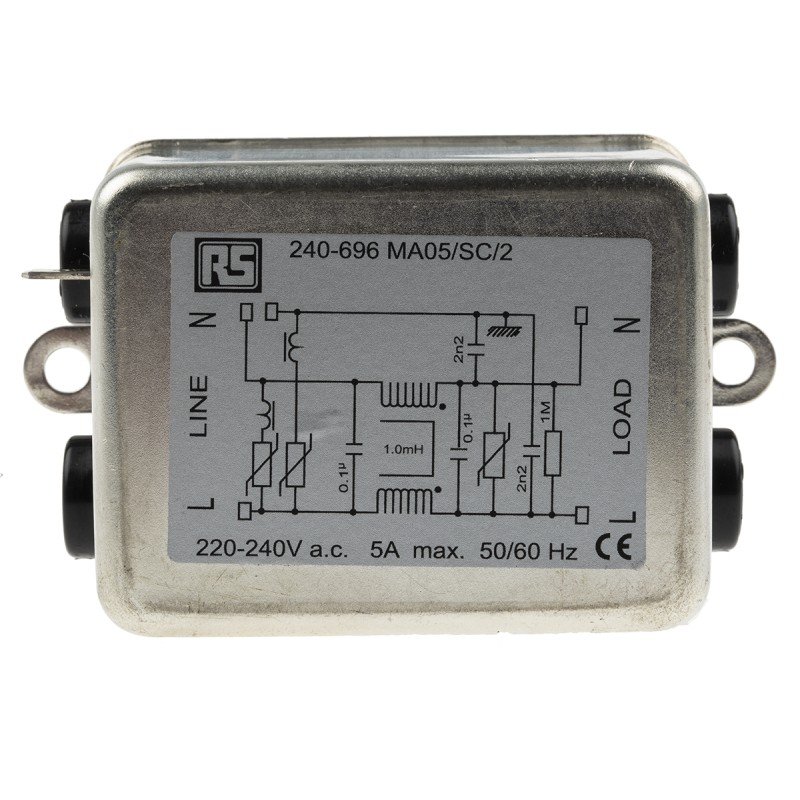 1 pcs - RS PRO 5A 240 V ac 50/60Hz, Chassis Mount RFI Filter, Fast-On