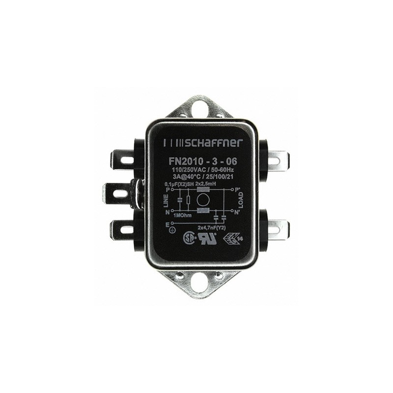1 pcs - Schaffner, FN2010 3A 250 V ac/dc 0 - 400Hz, Chassis Mount EMI Filter, Fast-On, Single Phase