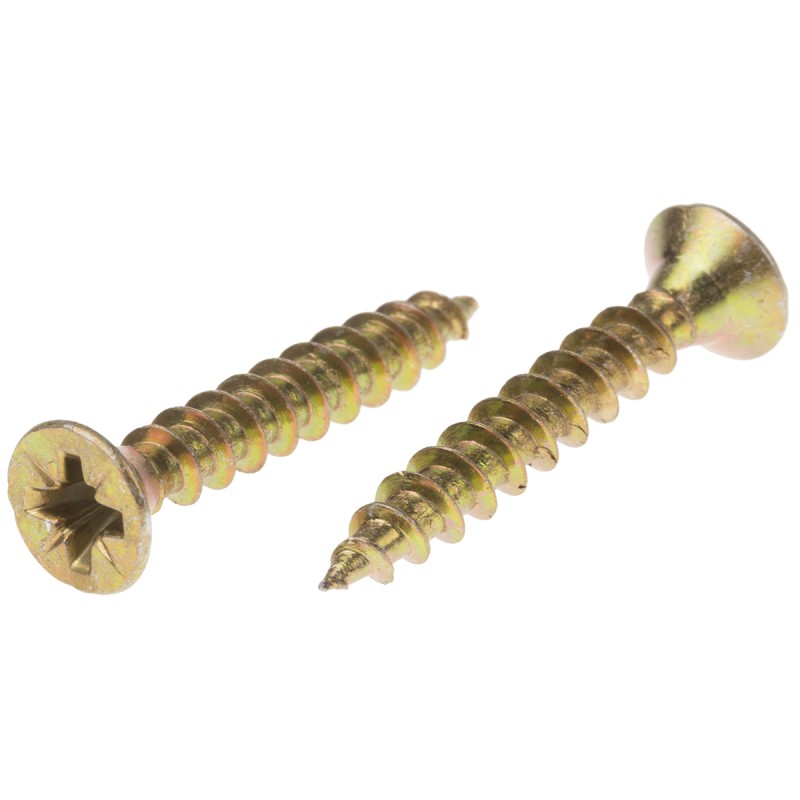 1 Bag of 100 - RS PRO Pozidriv Countersunk Steel Wood Screw Yellow Passivated, Zinc Plated, 4.5mm Thread, 30mm Length