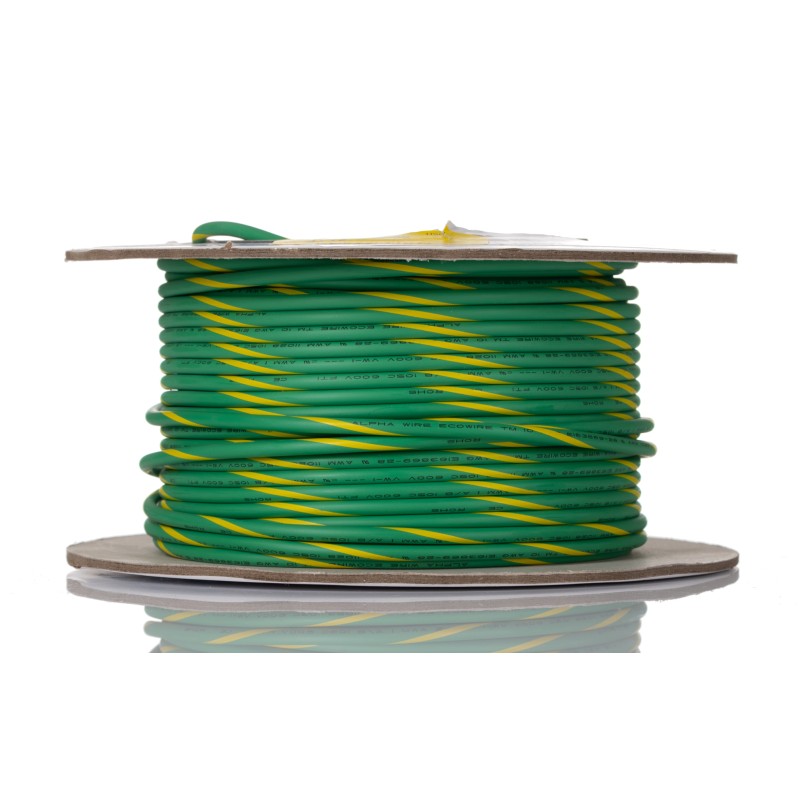 1 Reel of 30 M - Alpha Wire EcoWire Series Green/Yellow 5.2 mm² Hook Up Wire, 10 AWG, 105/0.25 mm, 30m, MPPE Insulation