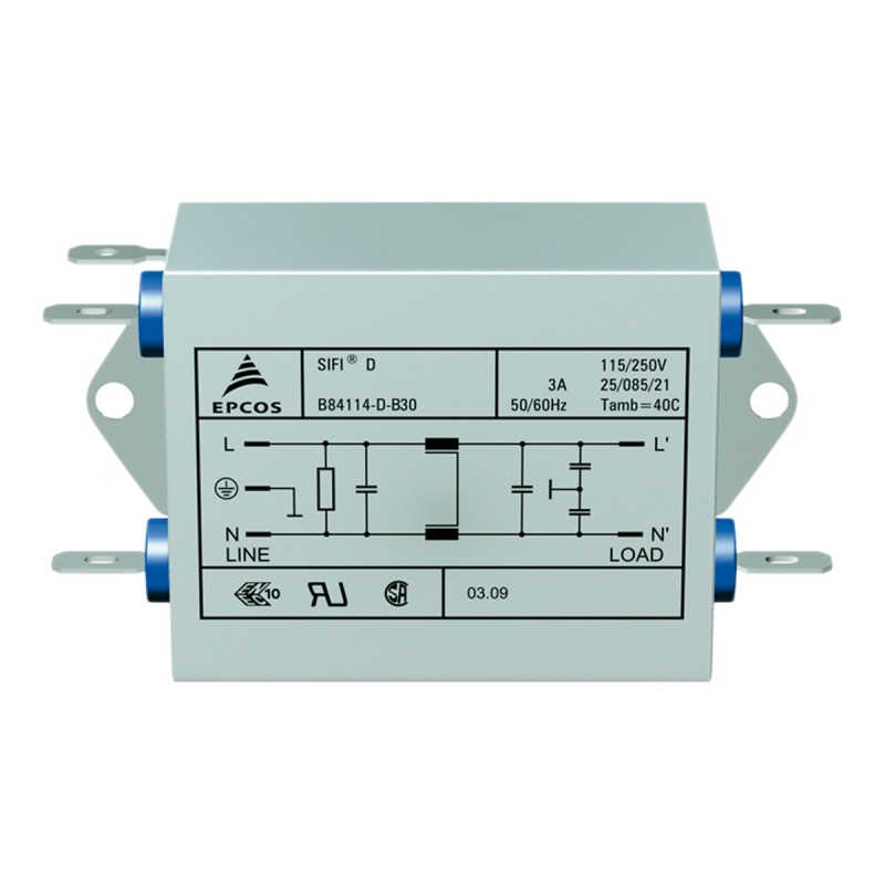 32 pcs - EPCOS, B84114D 3A 250 V ac 50 - 60Hz, Flange Mount EMC Filter, Tab, Single Phase