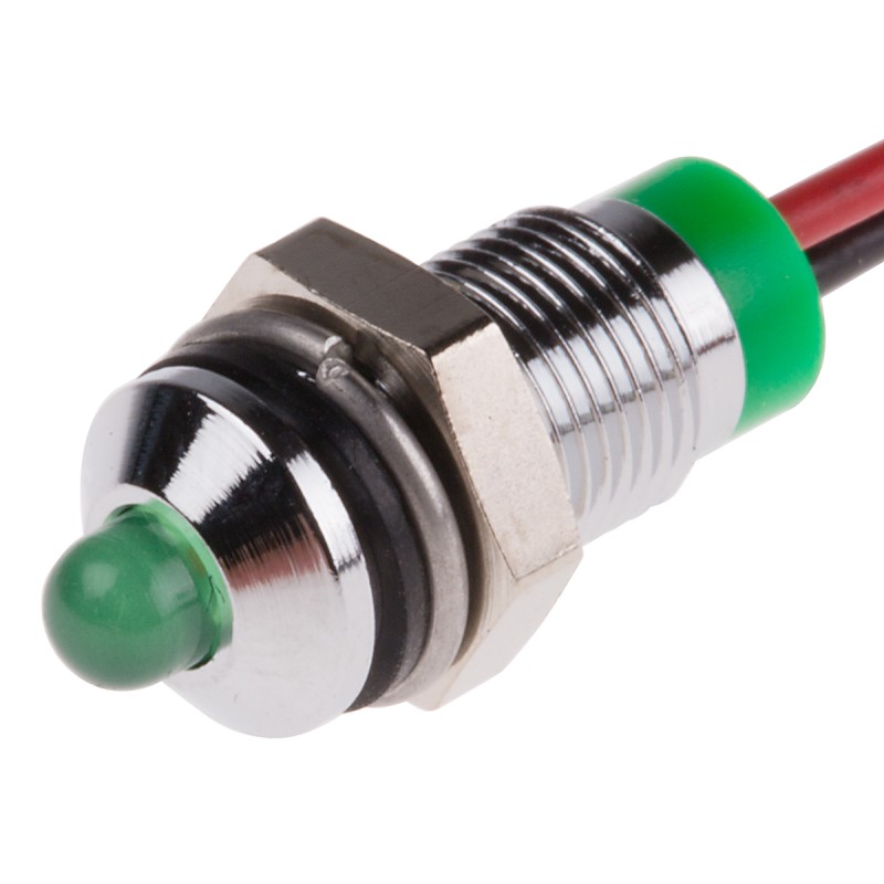 1 pcs - RS PRO Green Panel Mount Indicator, 2V dc, 6mm Mounting Hole Size, Lead Wires Termination, IP67