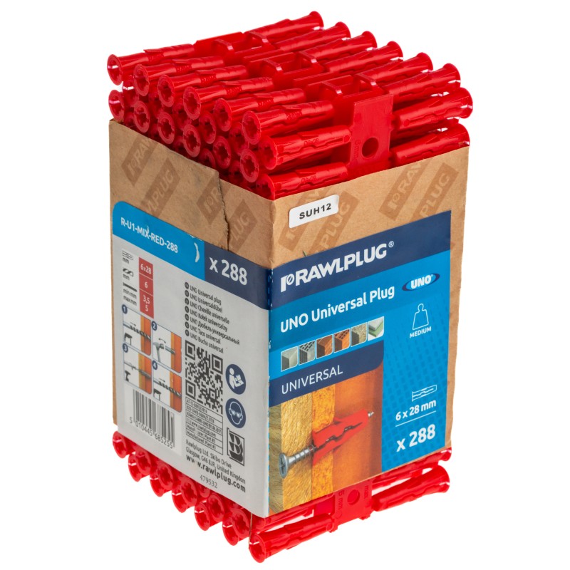 1 Bag of 288 - RawlPlug Red Plastic Wall Plug, 28mm Length, 6mm Fixing Hole Diameter