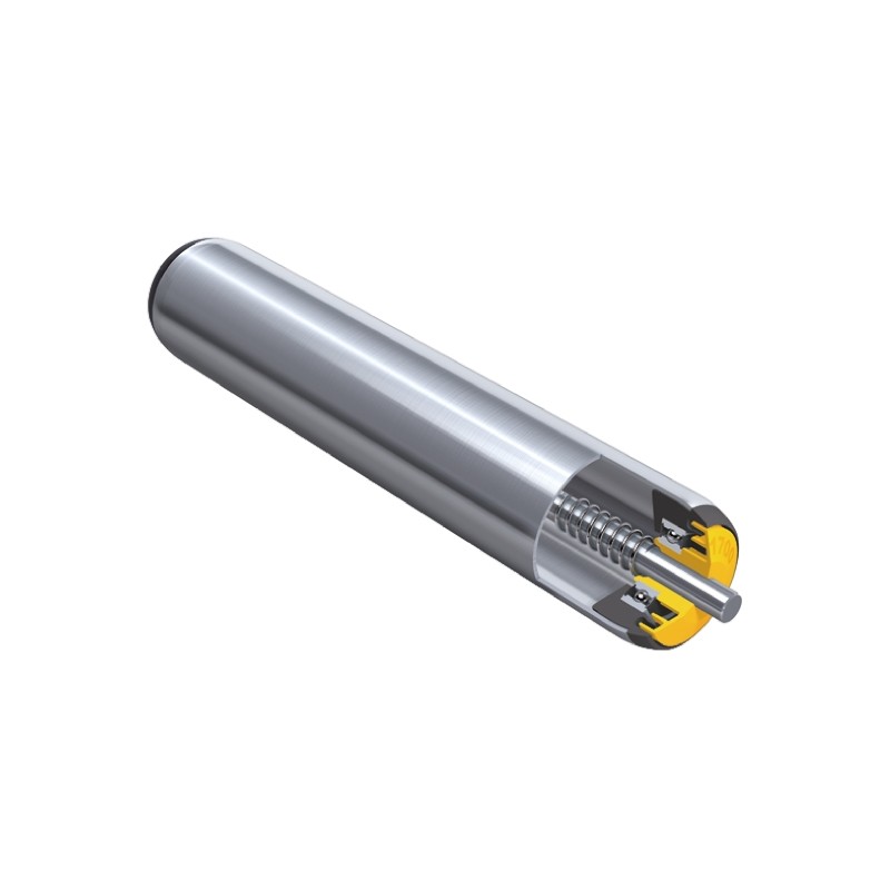 1 pcs - Interroll Round Conveyor Roller Spring Loaded 40mm Dia. x 350mm L, 3000N Load Capacity, 8mm Spindle, 376mm Overall