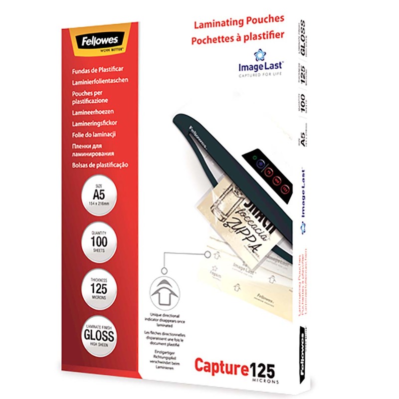 1 Box of 100 - Fellowes A5 Glossy Laminator Pouches 125micron Thickness, 100 Pack Quantity