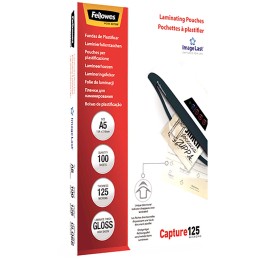 1 Box of 100 - Fellowes A5 Glossy Laminator Pouches 125micron Thickness, 100 Pack Quantity