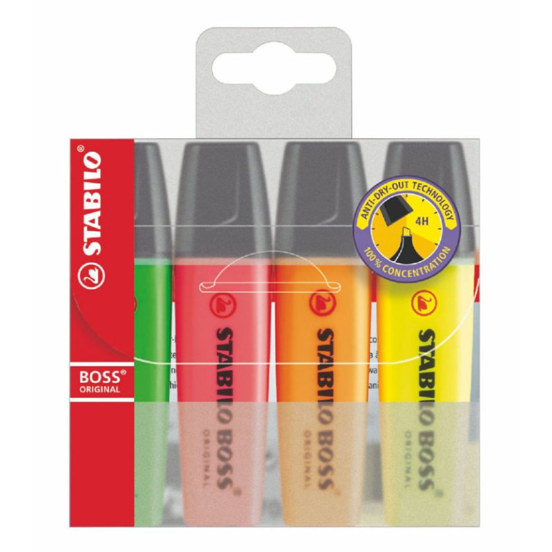 1 Pack of 4 - Stabilo Boss Assorted Highlighter Pen