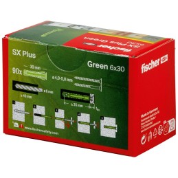 1 Box of 90 - Fischer Fixings Green Wall Plug, 30mm Length, 6mm Fixing Hole Diameter