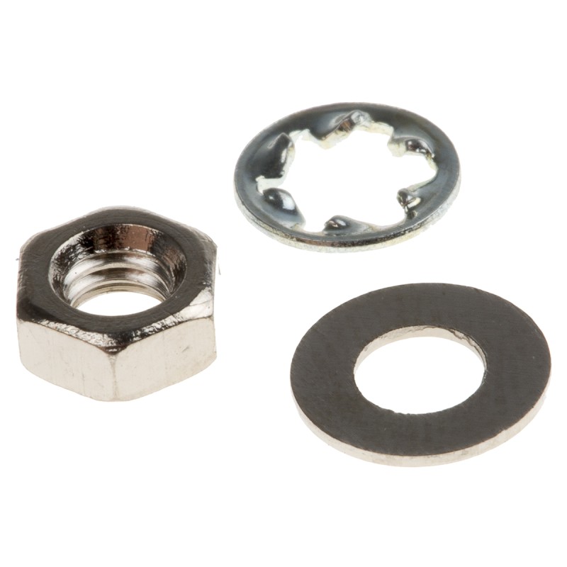 1 Kit - RS PRO Brass, Steel Hex Full Nut and Washers with Internal Tooth, Plain, 400 Pieces