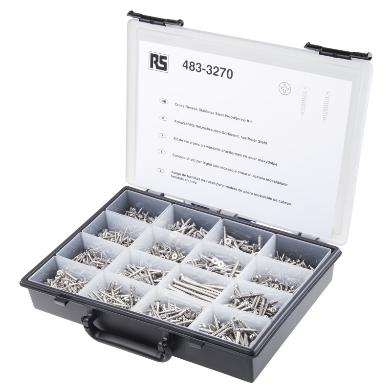 1 Kit - RS PRO Stainless Steel 1250 Piece Pozidriv, Slot Drive Screw/Bolt Kit