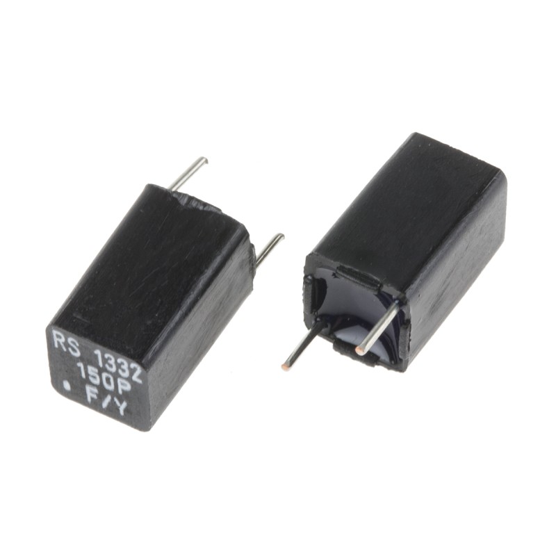 5 pcs - RS PRO Polystyrene Film Capacitor, 63V dc, ±1%, 150pF, Through Hole