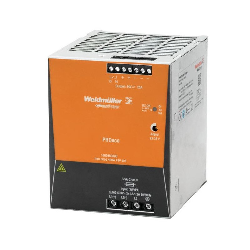 1 pcs - Weidmuller PRO ECO Switch Mode DIN Rail Power Supply, 320 - 575V ac ac, dc Input, 24V dc dc Output, 20A Output,