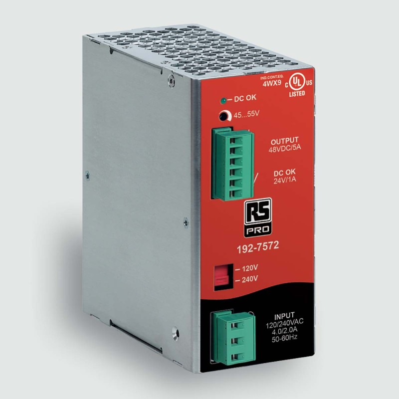 1 pcs - RS PRO Switch Mode DIN Rail Power Supply, AC 90–132V ac, dc Input, 45-55V dc dc Output, 5A Output, 240W