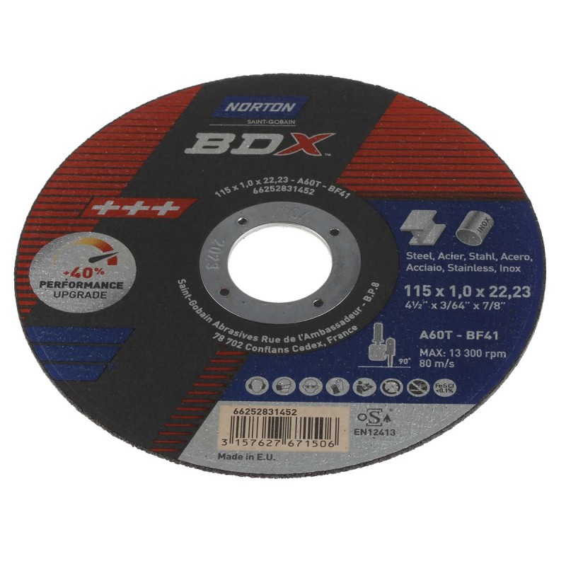 1 Box of 5 - Norton Cutting Disc Aluminium Oxide Cutting Disc, 115mm x 1mm Thick, P60 Grit, BDX, 5 in pack