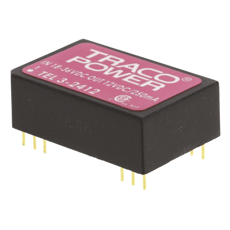 1 pcs - TRACOPOWER TEL 3 DC-DC Converter, 12V dc/ 250mA Output, 18 - 36 V dc Input, 3W, Through Hole, +85°C Max Temp