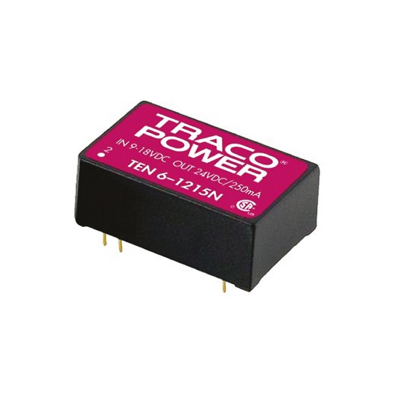 1 pcs - TRACOPOWER TEN 6N DC-DC Converter, 12V dc/ 500mA Output, 9 - 18 V dc Input, 6W, Through Hole, +85°C Max Temp