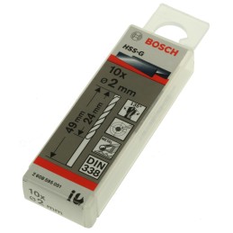 1 Pack of 10 - Bosch HSS-G Twist Drill Bit, 2mm Diameter, 49 mm Overall