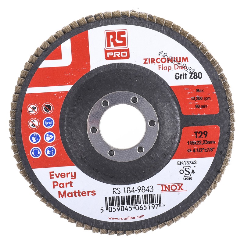 1 Pack of 5 - RS PRO Zirconium Dioxide Flap Disc, 115mm, P80 Grit