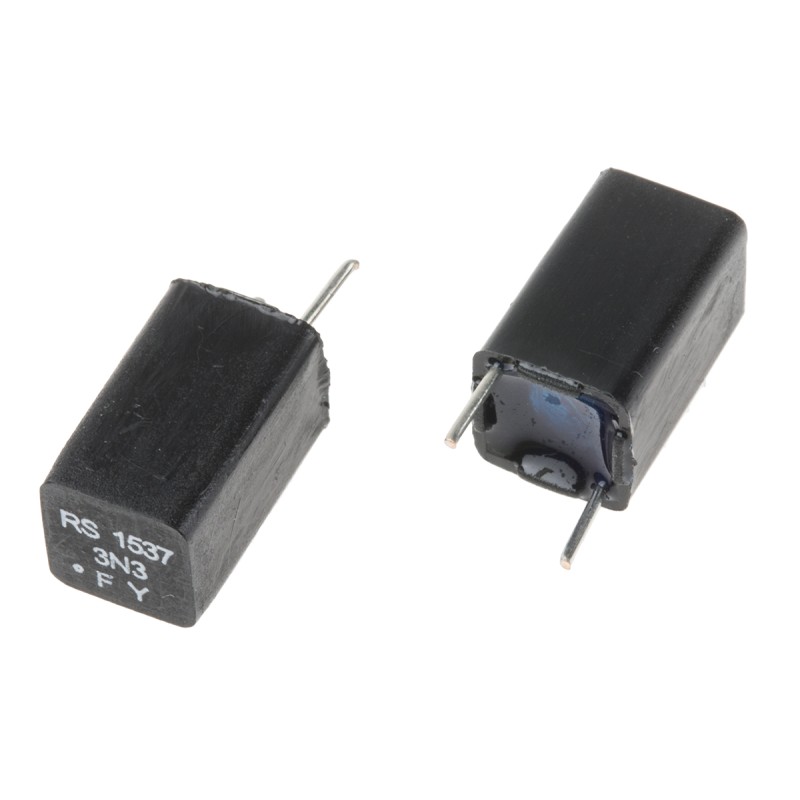 5 pcs - RS PRO Polystyrene Film Capacitor, 63V dc, ±1%, 3.3nF, Through Hole