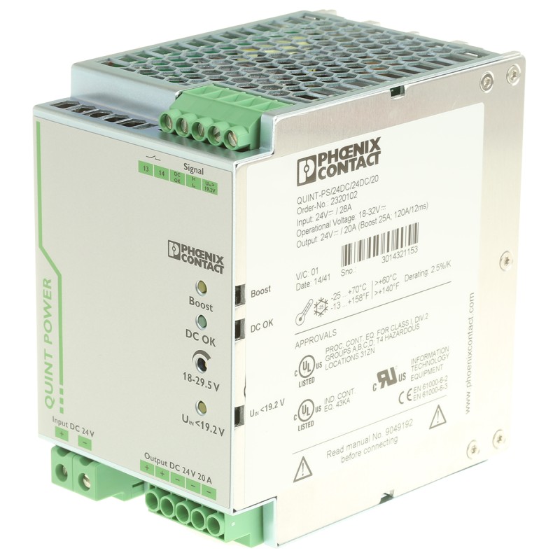 1 pcs - Phoenix Contact QUINT-PS/24DC/24DC/20 DC-DC Converter, 24V dc/ 20A Output, 18 - 32 V dc Input, 480W, DIN Rail