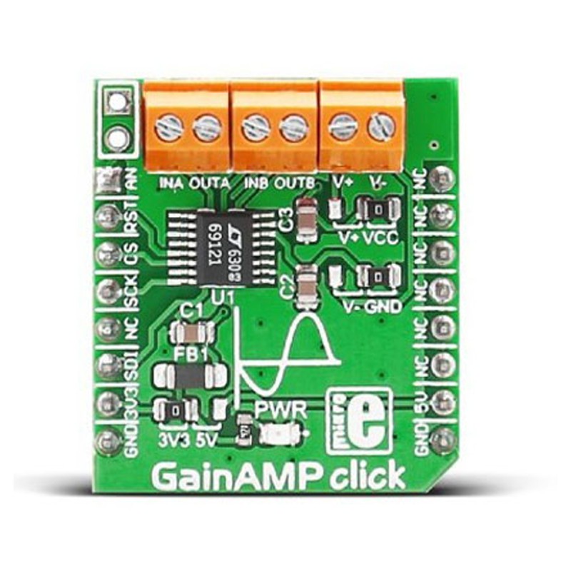 1 pcs - MikroElektronika MIKROE-2555, GainAMP click Programmable Gain Amplifier mikroBus Click Board for Automatic Gain