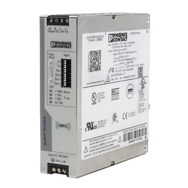 1 pcs - Phoenix Contact QUINT4-PS/1AC/24DC/5 Switch Mode DIN Rail Power Supply, 230V ac ac, dc Input, 24V dc dc Output, 5A