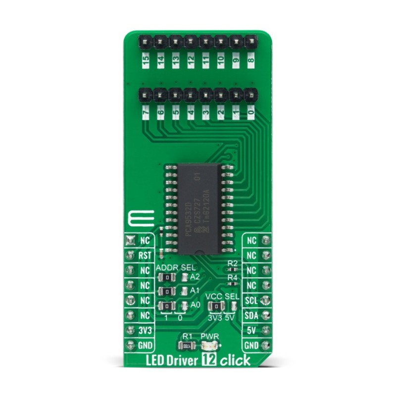 1 pcs - MikroElektronika MIKROE-4977, LED Driver 12 Click LED Driver Add On Board for PCA9532 for mikroBUS socket