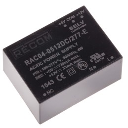 1 pcs - Recom Switching Power Supply, RAC04-0512DC/277-E, 5V dc, 33 mA, 720 mA, 4W, 1 Output, 80 - 305V ac Input Voltage