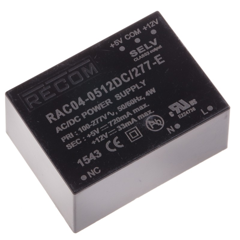 1 pcs - Recom Switching Power Supply, RAC04-0512DC/277-E, 5V dc, 33 mA, 720 mA, 4W, 1 Output, 80 - 305V ac Input Voltage