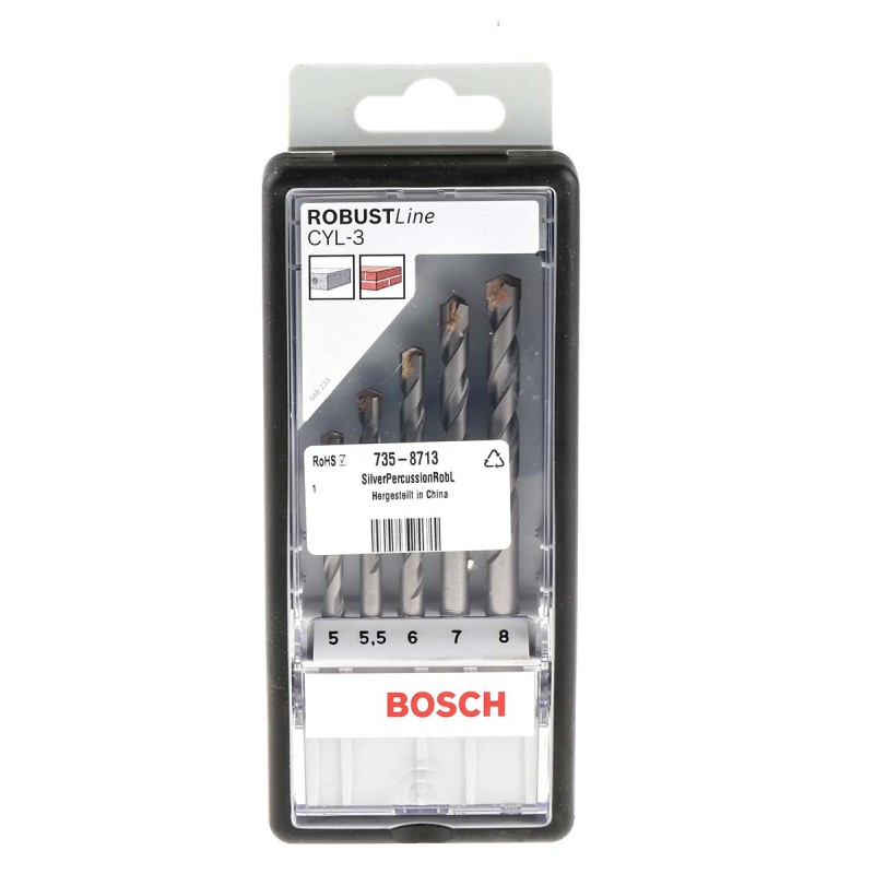 1 pcs - Bosch 5-Piece Twist Drill Bit Set for Masonry, 8mm Max, 5mm Min, Carbide Tipped Bits